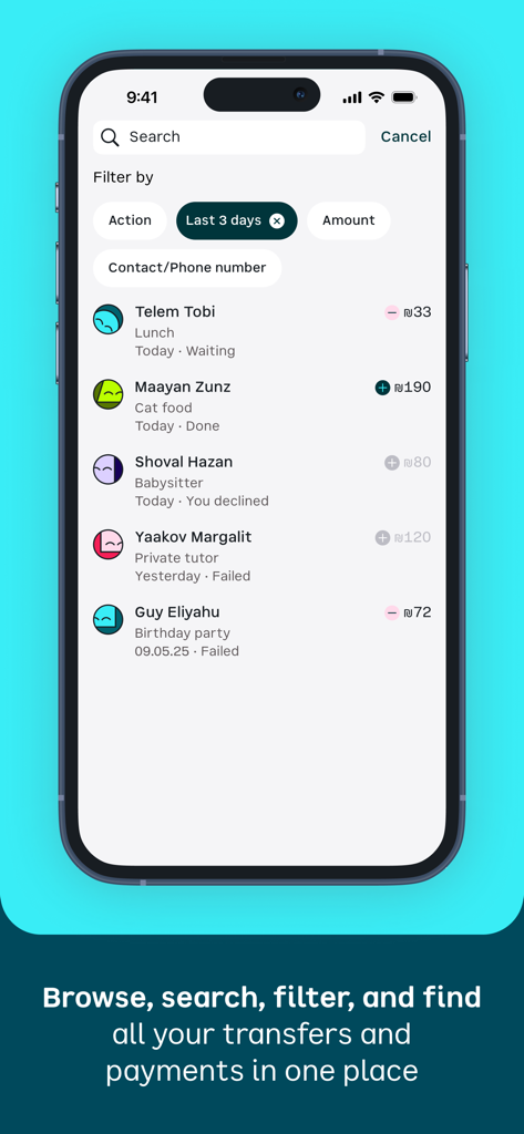 bit ביט - Visualizzazione della cronologia delle transazioni nell'app bit con opzioni di ricerca e filtro