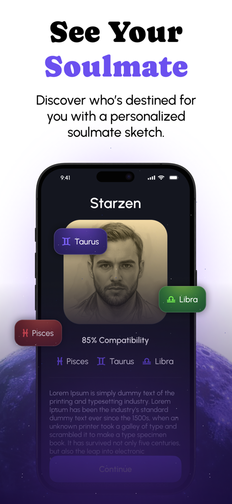 Starzen - Astrology & Tarot - A personalized soulmate sketch and astrology compatibility interface in the Starzen app