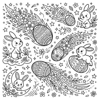 Explore a celestial spring scene where Easter magic meets cosmic wonder! This delightful coloring page features cute bunnies frolicking among whimsical comets with decorated egg cores and flowing floral tails.