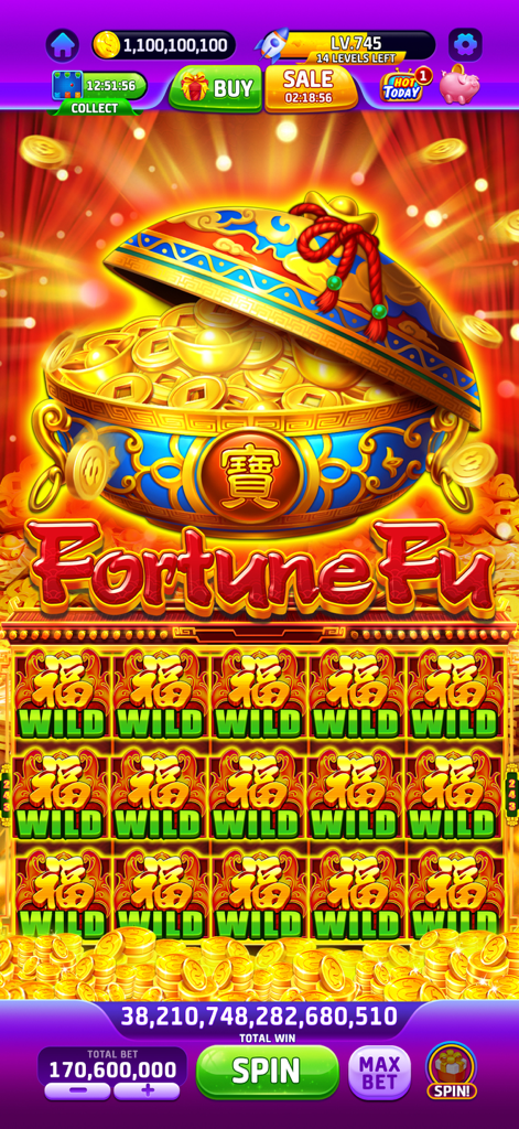 Buffalo Slots™-Casino Jackpots - Pantalla del juego de tragaperras Fortune Fu con un enorme bote de monedas y una pantalla completa de símbolos salvajes
