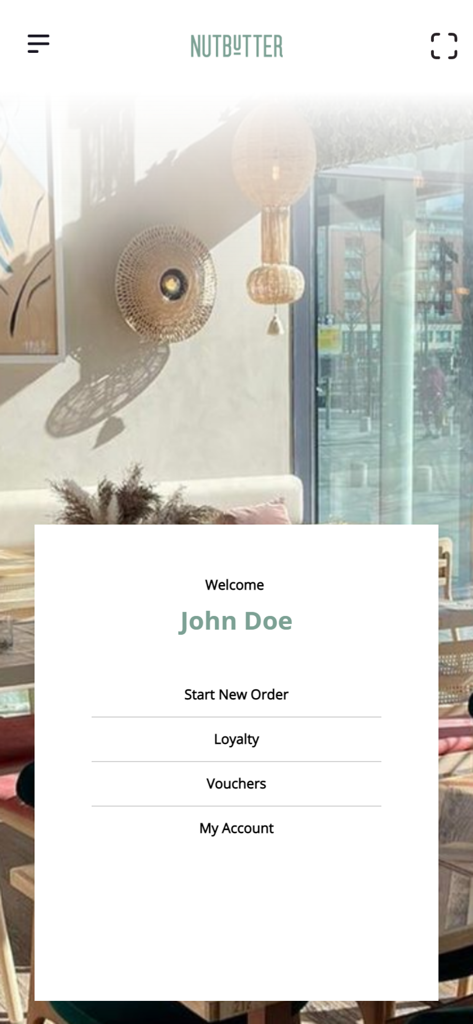 Nutbutter Dublin app dashboard showing a welcome message and navigation links for ordering and loyalty.