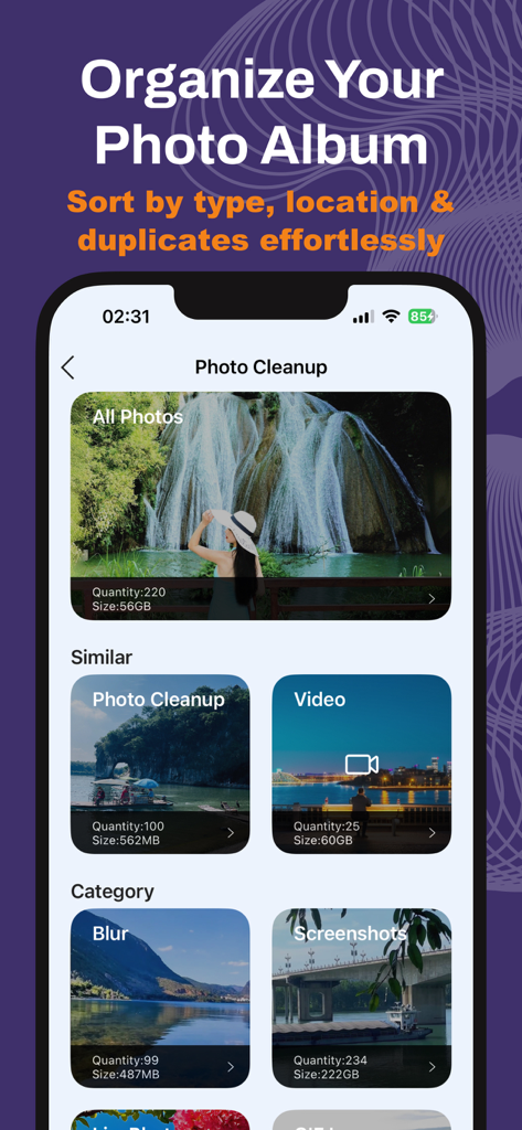 SmartClean: AI Photo & Storage - SmartClean mobile app interface showing photo cleanup categories including similar photos, videos, blurry images, and screenshots.