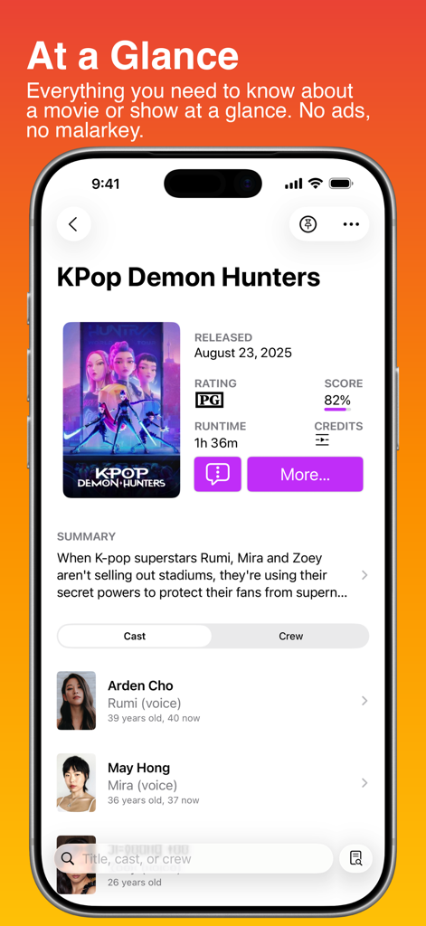 Callsheet: Find Cast & Crew - Callsheet app on iPhone showing detailed movie information including cast and crew data