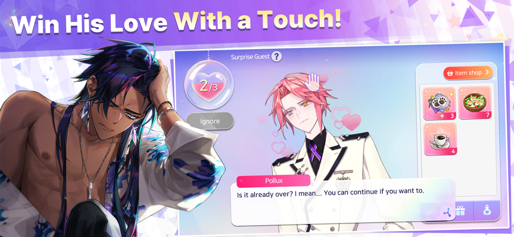 Arcana Twilight : Anime game - A gameplay screen from Arcana Twilight showing an intimacy interaction with an anime character named Pollux.