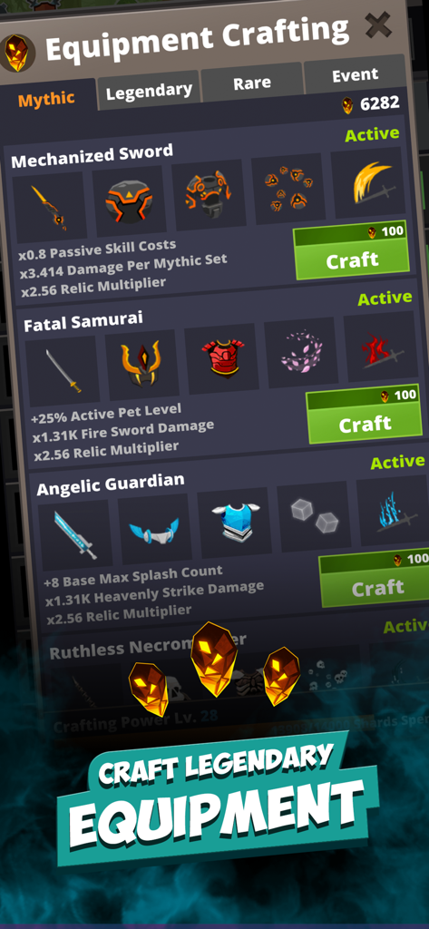 Equipment crafting menu in Tap Titans 2 showing mythic and legendary gear sets