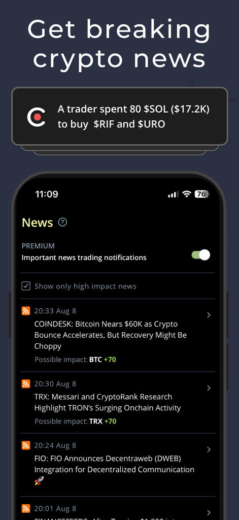 Coin Push Crypto Alerts - Coin Push app interface showing breaking cryptocurrency news and trading alerts with market impact scores.