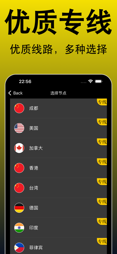 VPN - 速豹VPN加速器&VPN全球网络加速器 - Pantalla de selección de servidores de Speed Leopard VPN mostrando líneas y ubicaciones dedicadas internacionales.