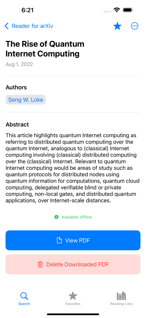 Reader for arXiv - Capture d'écran de l'application Reader for arXiv montrant le résumé d'un article de recherche avec des options pour voir le PDF hors ligne.