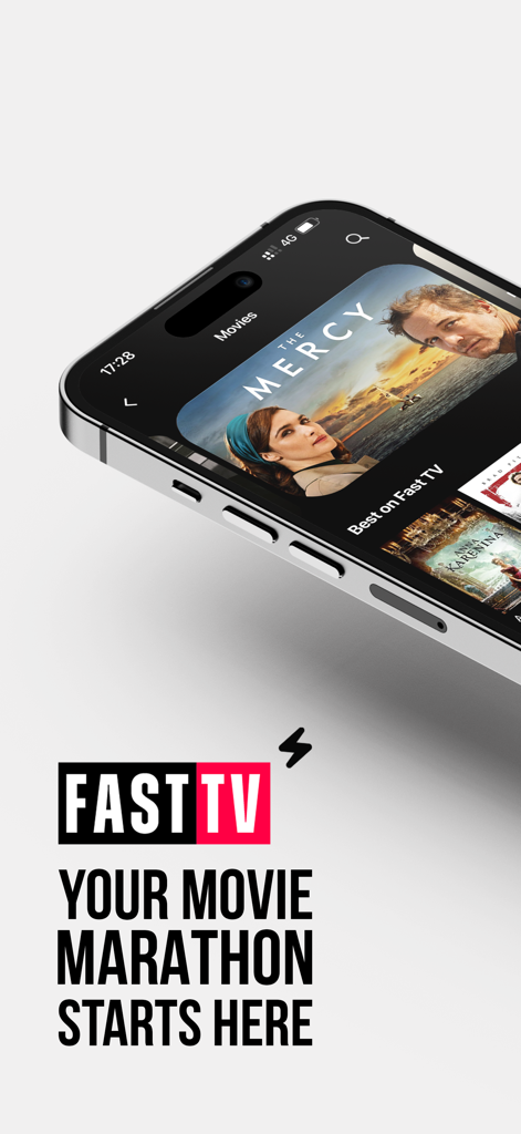 A smartphone displaying the Fast TV movie streaming interface with the slogan Your Movie Marathon Starts Here