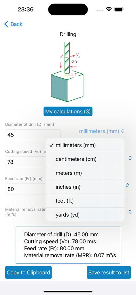 Material Removal Rate - Drilling calculation screen in the Material Removal Rate app showing input fields and a unit selection menu