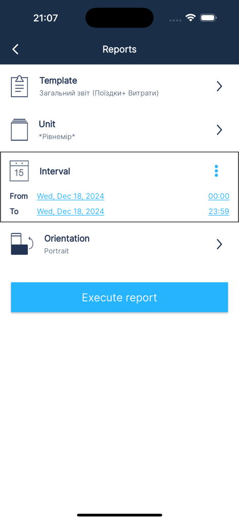 M2M Local - Écran de configuration des rapports de l'application M2M Local pour le suivi GPS de flotte