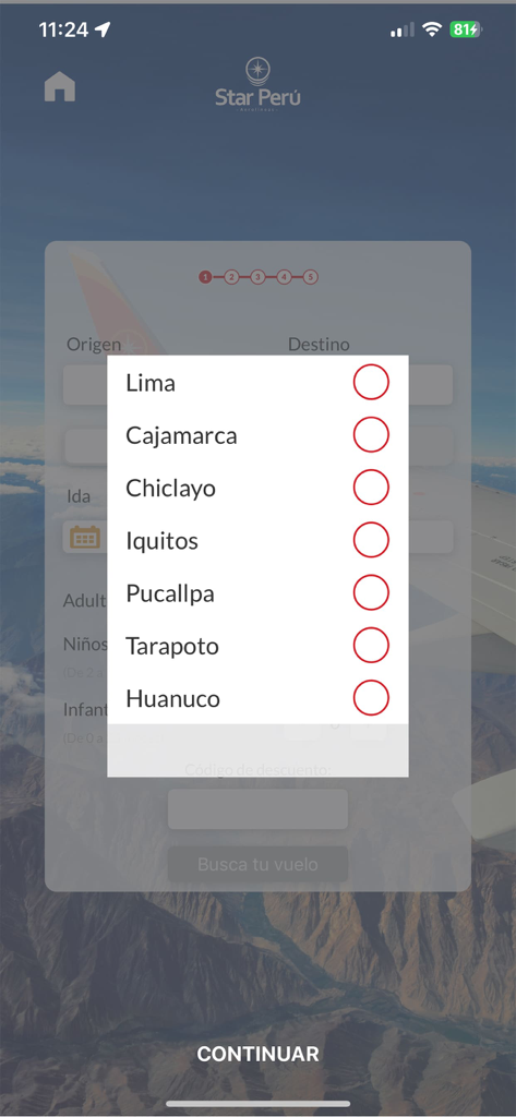 항공편 선택을 위해 페루 도시 목록을 보여주는 Star Peru 모바일 앱 인터페이스