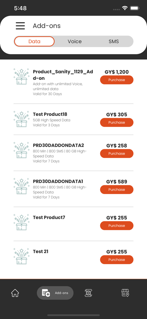 My ENet - My ENet mobile app interface showing various data add-on packages with prices in Guyanese Dollars and purchase buttons