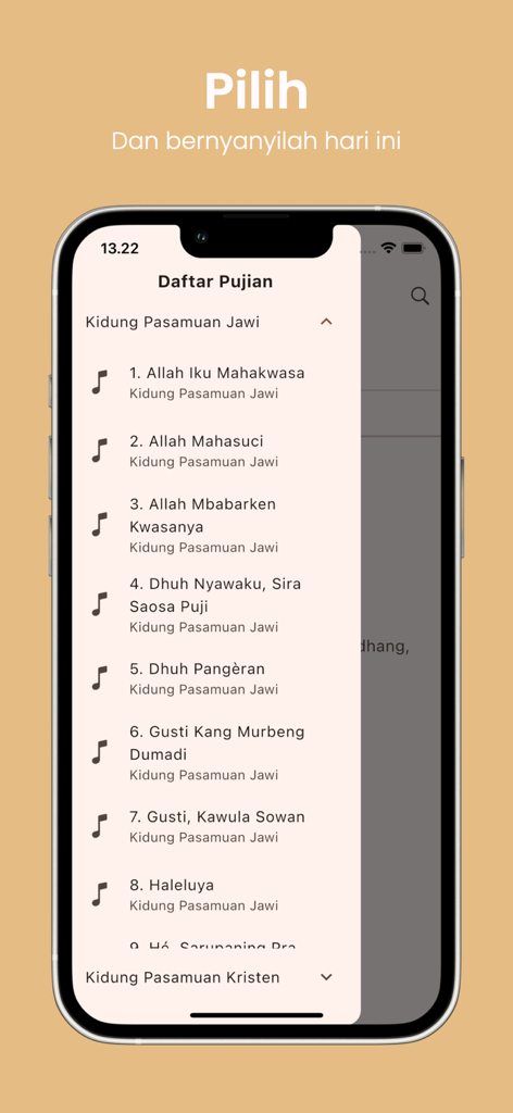 Kidung Pasamuan Jawi ⁺ - A list of Javanese Christian hymns within the Kidung Pasamuan Jawi mobile app interface.