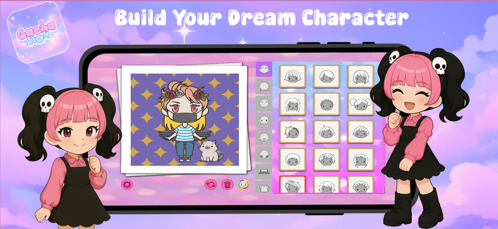 Gacha Nox Life World Game - Pantalla de personalización de personajes en Gacha Nox Life World Game que muestra opciones de peinado y avatares de anime