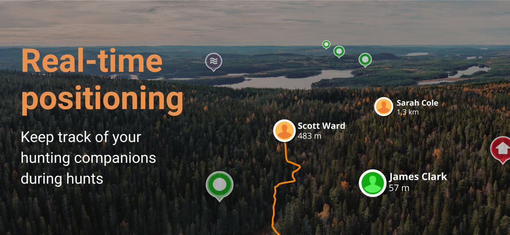 WeHunt - Real-time positioning of hunting companions shown on a forest map