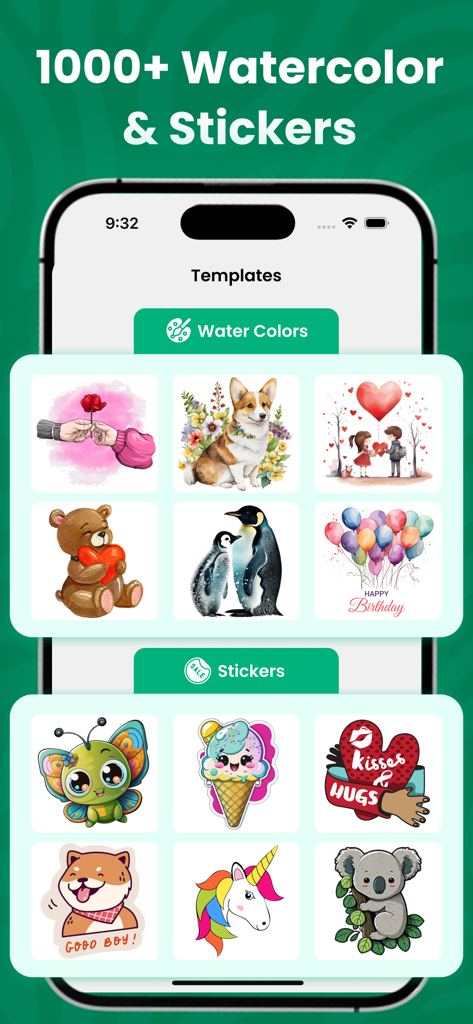 Sublimation Designer Printer - Pantalla de la aplicación móvil mostrando una colección de plantillas de acuarela y pegatinas para proyectos de sublimación