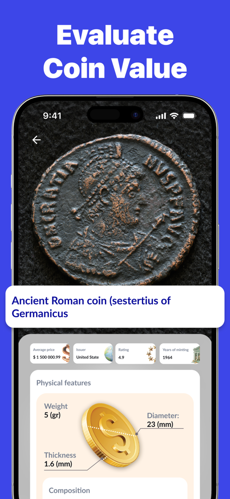 A mobile app screen titled Evaluate Coin Value displaying an ancient Roman coin identification with physical features and price valuation.