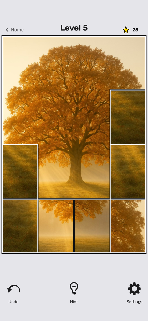 Jigsaw by Staple Games - A jigsaw puzzle game interface showing a partially completed picture of a golden tree with minimalist menu buttons.
