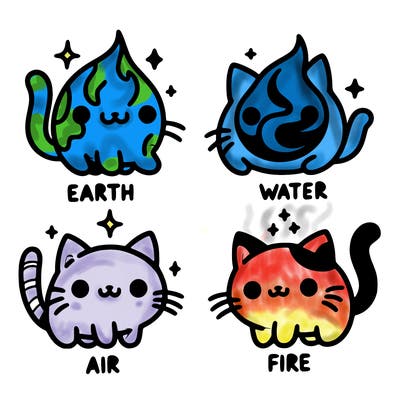 4 cats that represent the different elements, earth, water, air, and fire