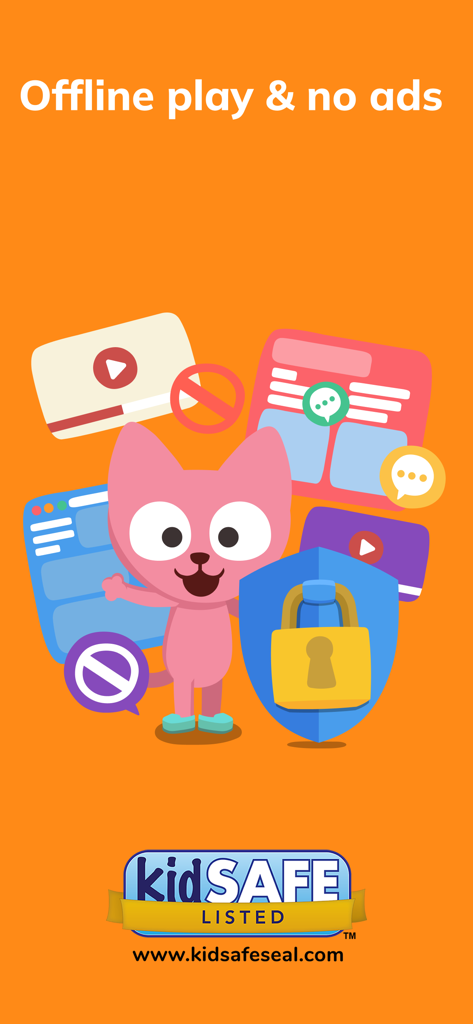Personagem de gato rosa promovendo brincadeiras offline e um ambiente de aprendizado certificado kidSAFE e sem anúncios.