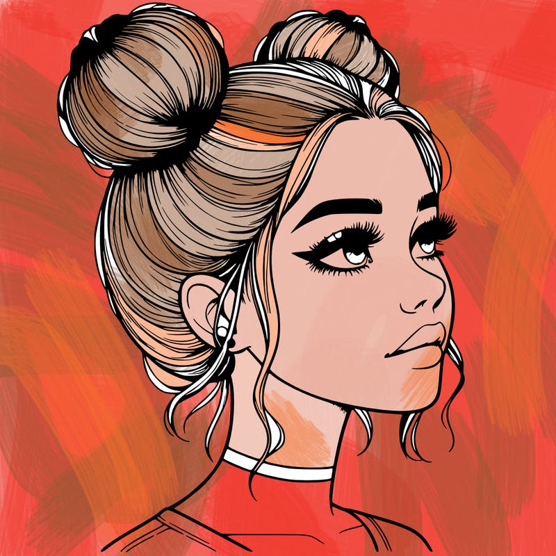 realistic girl with buns on the top of her head