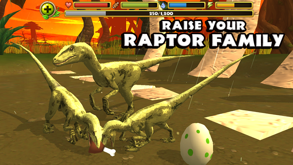 A group of velociraptors including babies and an egg in a prehistoric jungle setting with game UI