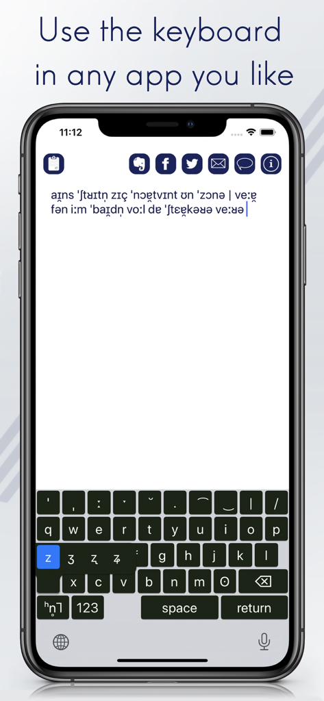 Aplicación IPA Keyboard que muestra símbolos de transcripción fonética en una pantalla de smartphone