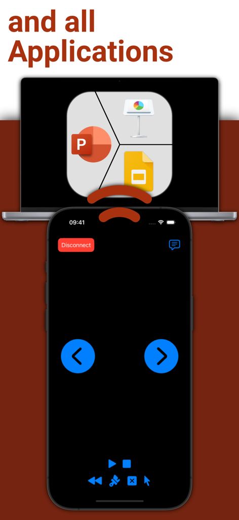 Pantalla de iPhone que muestra la interfaz de control remoto para software de presentación en un portátil