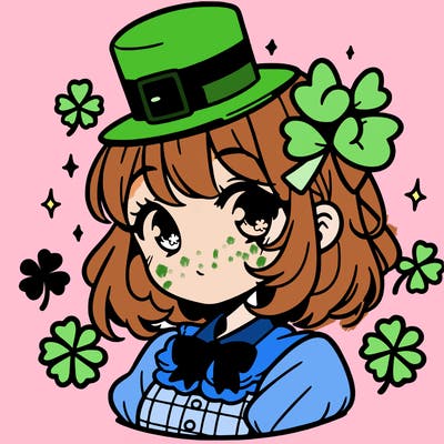 a manga-style girl with clovers around her, a little hat in her hair, like it's saint patrick's day