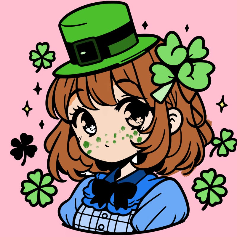 a manga-style girl with clovers around her, a little hat in her hair, like it's saint patrick's day