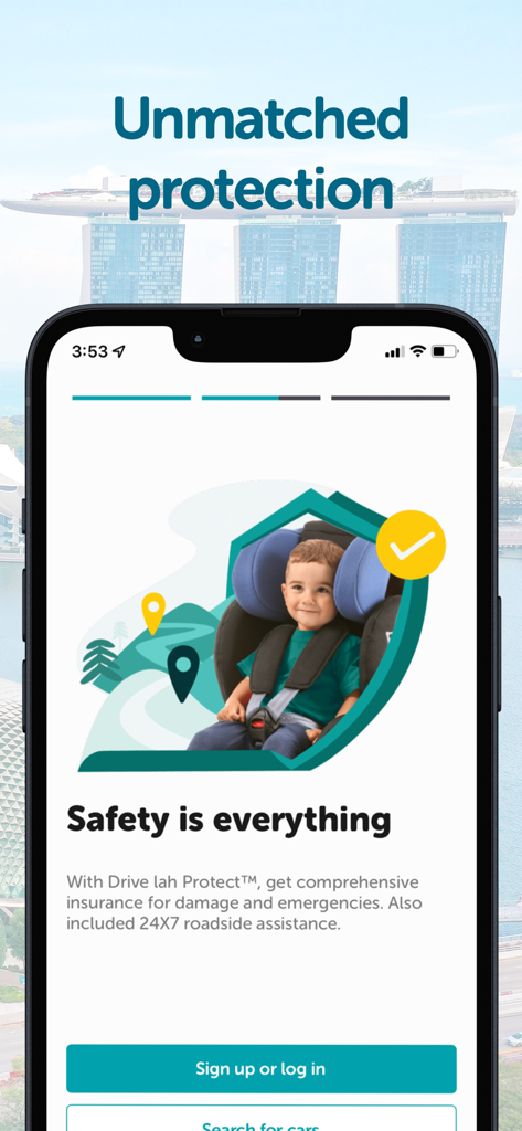 Drive lah - Pantalla de la aplicación Drive lah que destaca las características de seguridad y la protección de seguro integral con una ilustración de un niño en un asiento de coche.