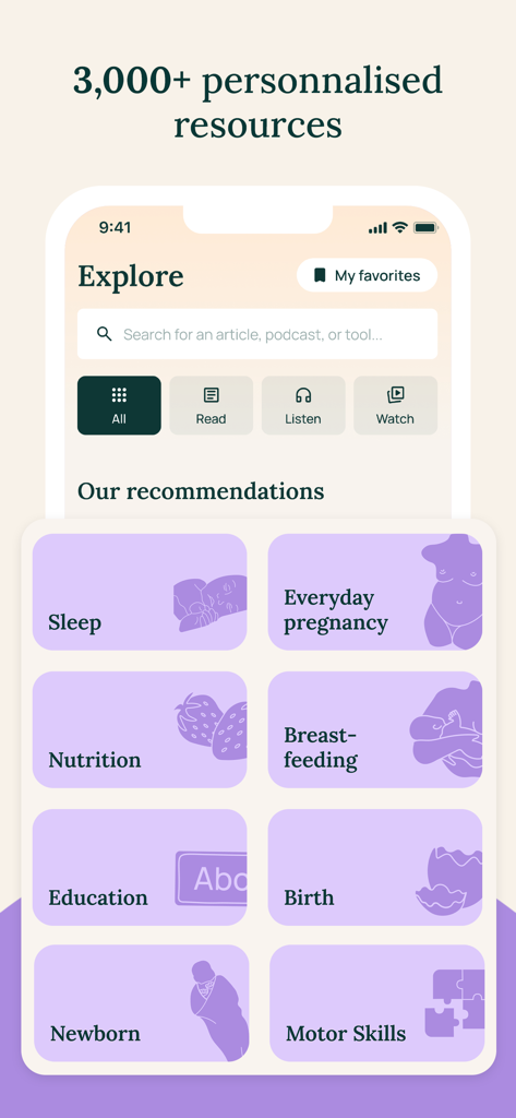 May – Baby, parents - 睡眠、栄養、新生児ケアなどの子育てカテゴリを表示するMayアプリのエクスプローラー画面