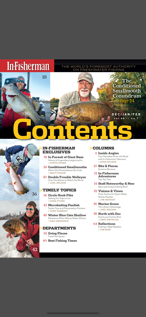 In-Fisherman Magazine contents page showing fishing articles and species guides