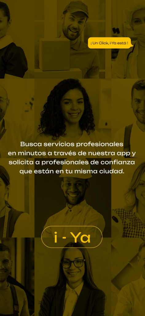I-ya - Introductory screen of the I-ya app showing a grid of diverse service professionals with a yellow overlay