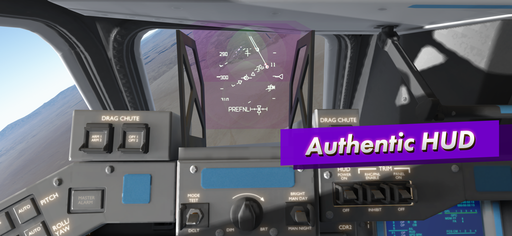 F-Sim|Space Shuttle 2 - Interior view of the F-Sim Space Shuttle 2 cockpit showing the authentic head-up display and flight controls