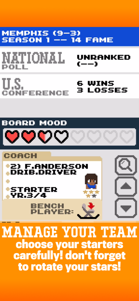 Pixel art interface of the bit ballers game showing team statistics and coaching management options