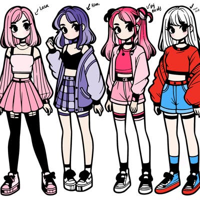 one girl with crop-top shirt and a jacket with a skirt, long socks and another girl with a shirt and pants with a jacket