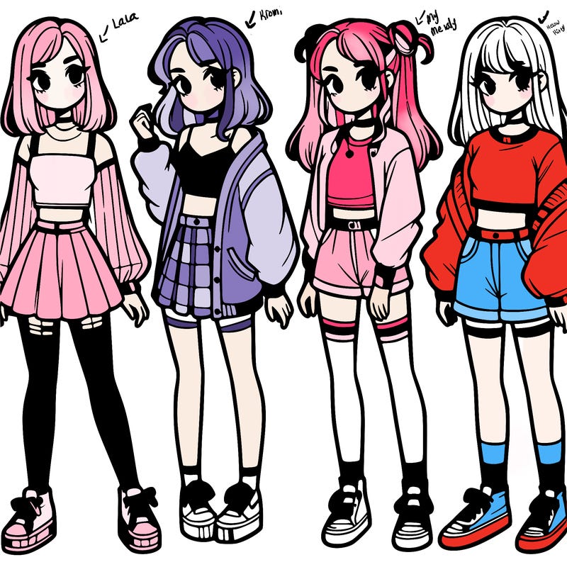 one girl with crop-top shirt and a jacket with a skirt, long socks and another girl with a shirt and pants with a jacket