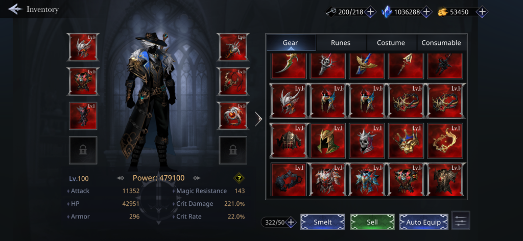 Shadow Slayer: Demon Hunter - Inventory screen of Shadow Slayer Demon Hunter showing character stats gear and equipment management