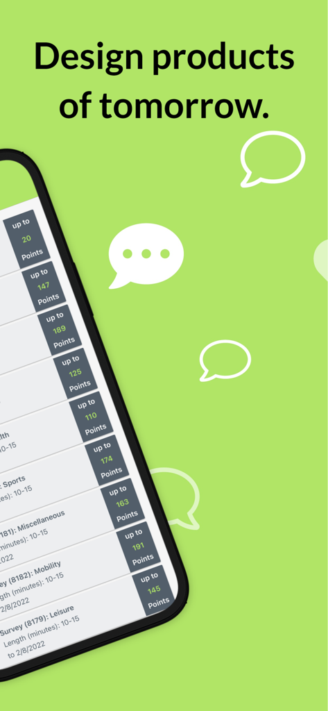 Lista de encuestas disponibles en la aplicación Marketagent con sus correspondientes recompensas en puntos de bonificación.