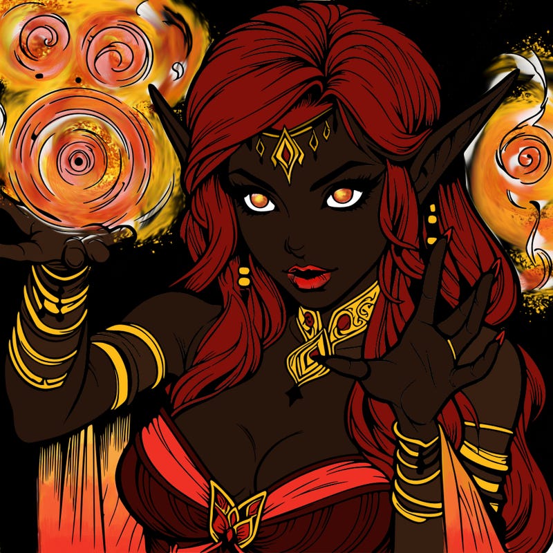 realistic scary beautiful elf sorceress casting spell