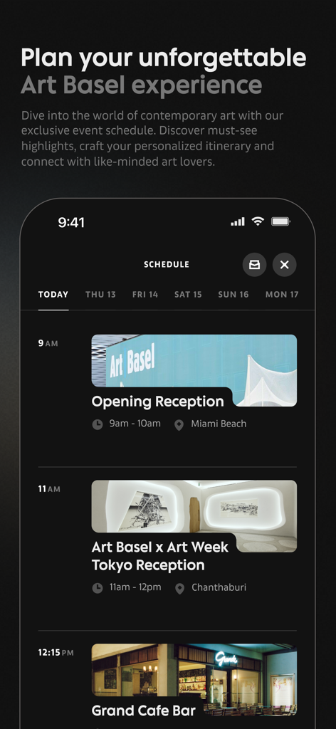 Art Basel - Official App - The Art Basel mobile app interface showing a daily schedule of receptions and events for art exhibitions.