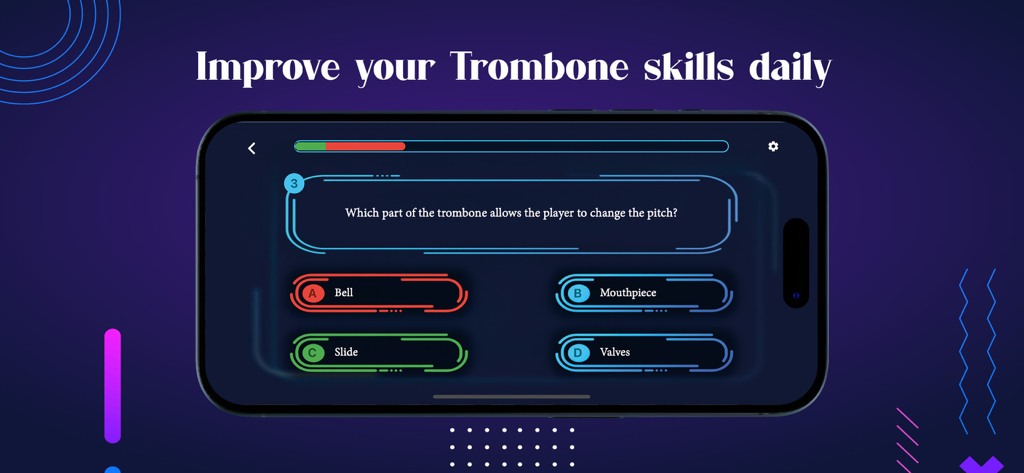 A music knowledge quiz screen on the Deep Beat Trombone app asking about instrument parts