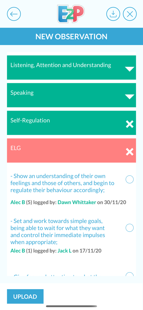 E2P plus SEND app interface showing a new observation screen with student assessment categories and learning goals