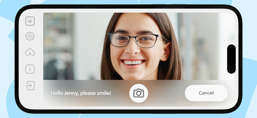 Fingercheck Time Clock - Aplicación Fingercheck Time Clock que muestra la detección facial y la captura de fotos para el registro de entrada de los empleados.