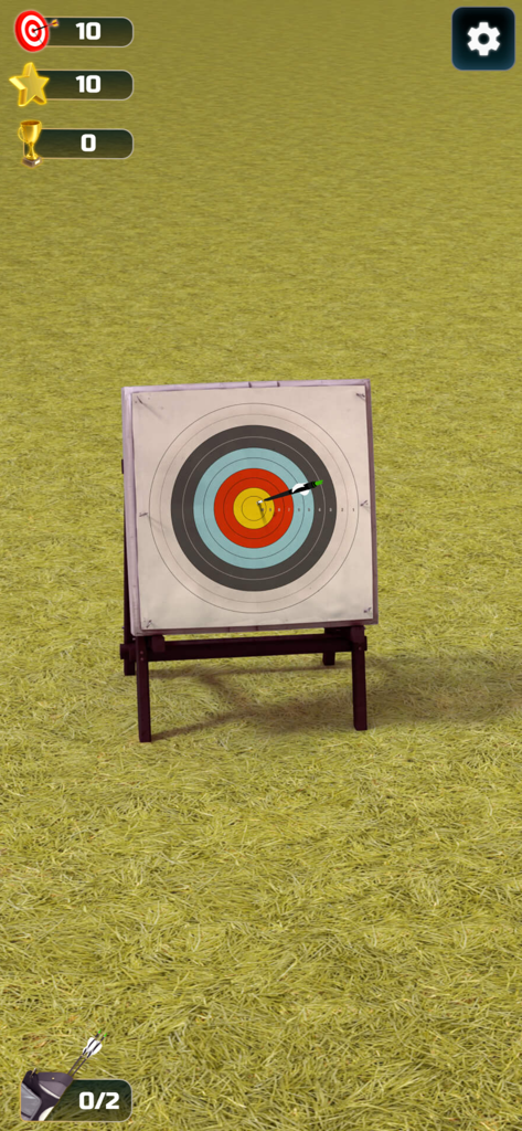 Archery King Multiplayer gameplay showing an arrow hitting a target on a grass field