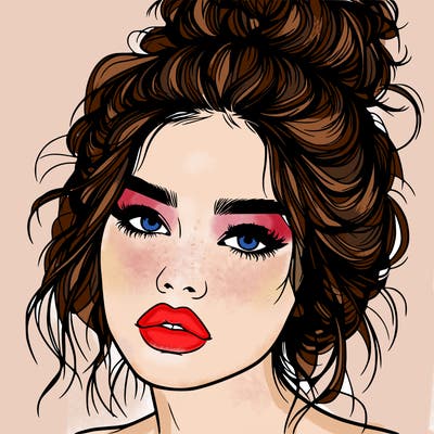 realistic girl with lips and hair in a messy bun