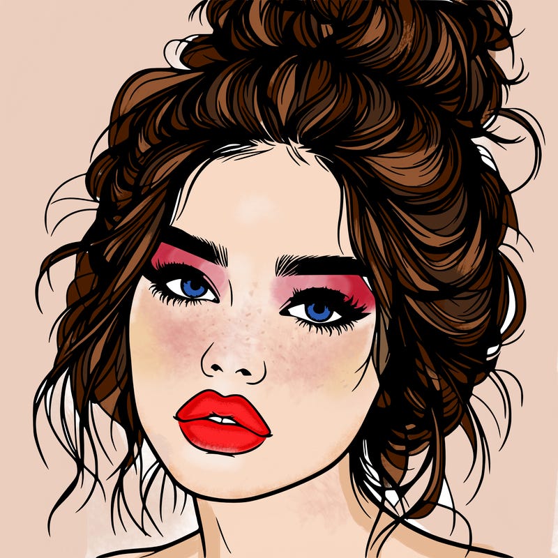 realistic girl with lips and hair in a messy bun