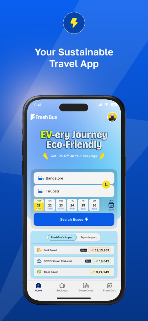 FRESH BUS - Fresh Bus mobile app interface for eco-friendly bus bookings and sustainability tracking